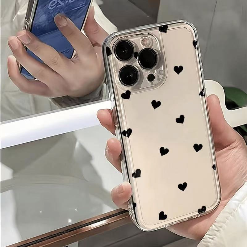 Black Heart Pattern Soft Transparent Phone Case Compatible For Multiple Apple Iphone Models