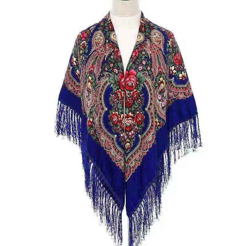 130*130Cm Ethnic Printed Square Shawls Elegant Women Scarf Babushka Retro Russian Bandana Wraps Kerchief Floral Warm Blanket