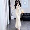 Spring & Autumn Sexy V-Neck Lace Dress - Solid Color, Slim-Fit, Hip-Hugging, Mid-Length Skirt for Women, Exudes Elegant Temperament.