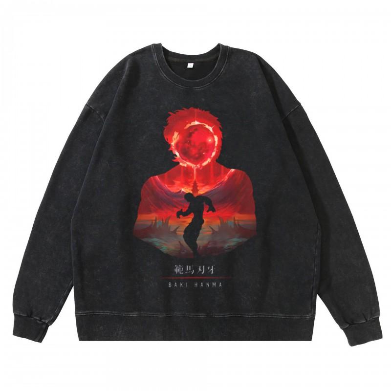 Heavyweight 360g Washed Vintage Baki Hanma Anime Graphic Hoodie-Free Cotton Sweatshirt Men