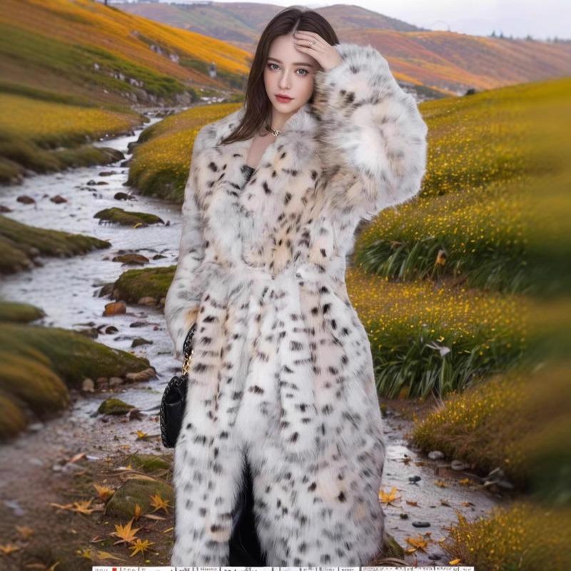 Autumn and winter fox fur jacket plus long over-knee leopard print tie-dyed suit collar coat for women