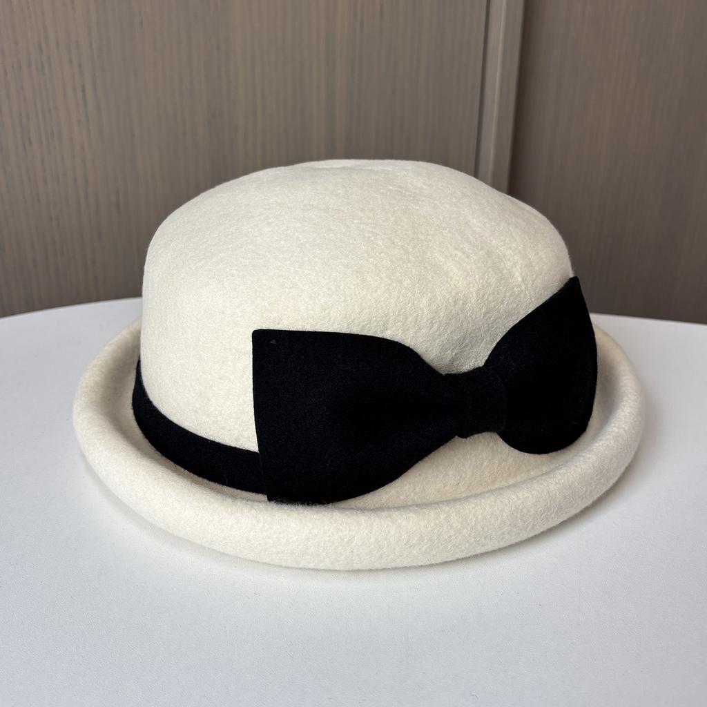 New Autumn And Winter Xiaoxiangfeng Top Hat, Elegant Bow, Curled Edge To Show The Face, Small Felt Hat, Women'S Versatile Thermal Basin Hat