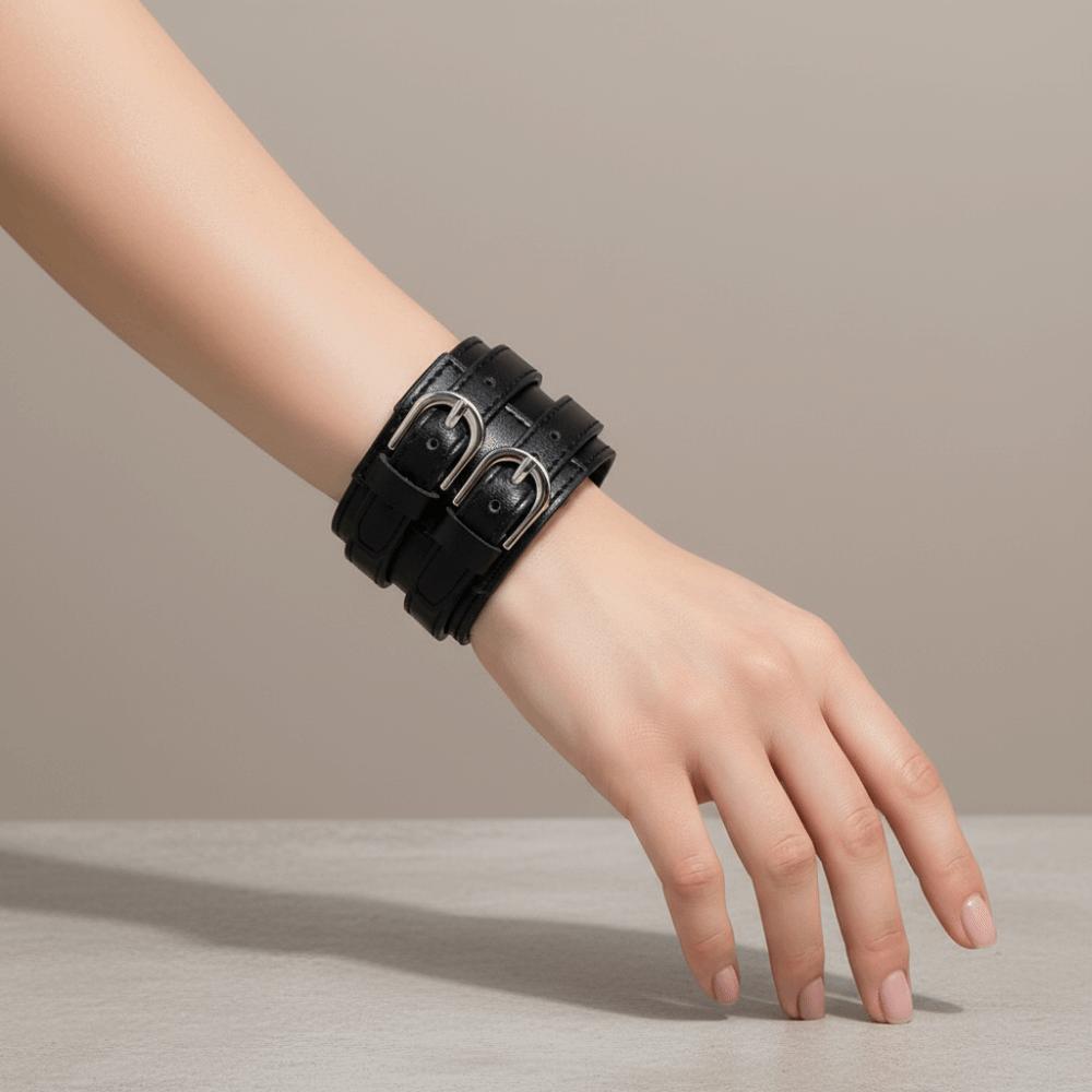 Armlet Double-Row Belt Design Bangle Wrist Jewelry Geometric Dual-Strap Leather Bracelet Euro-American Style Solid Color