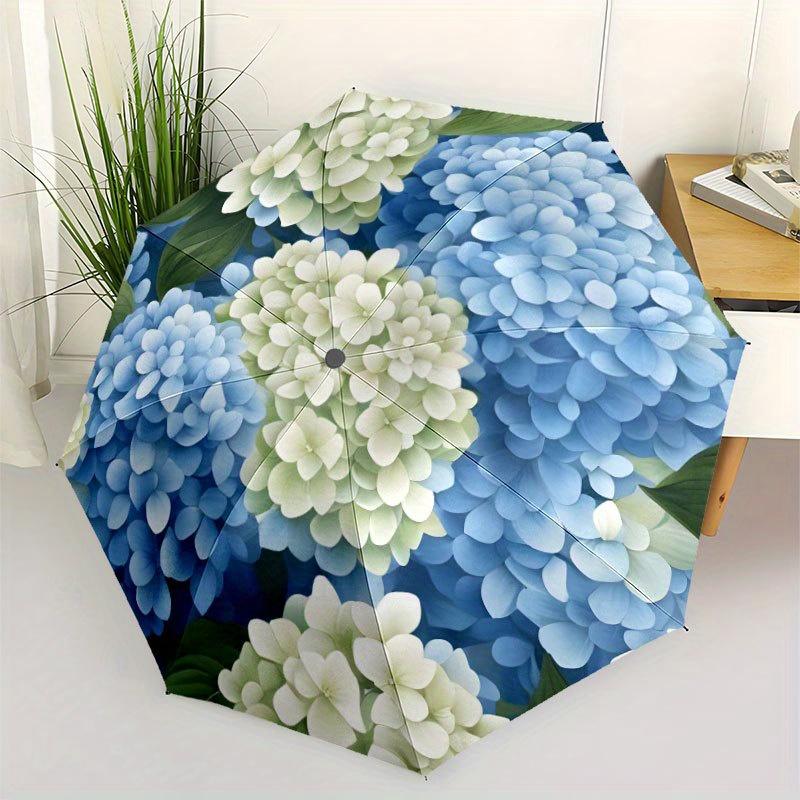 Elegant Blue Hydrangea 2 Umbrella with 8-Rib Sturdy Frame - Automatic Open, Foldable Design for Beach, Travel & Outdoor Activi