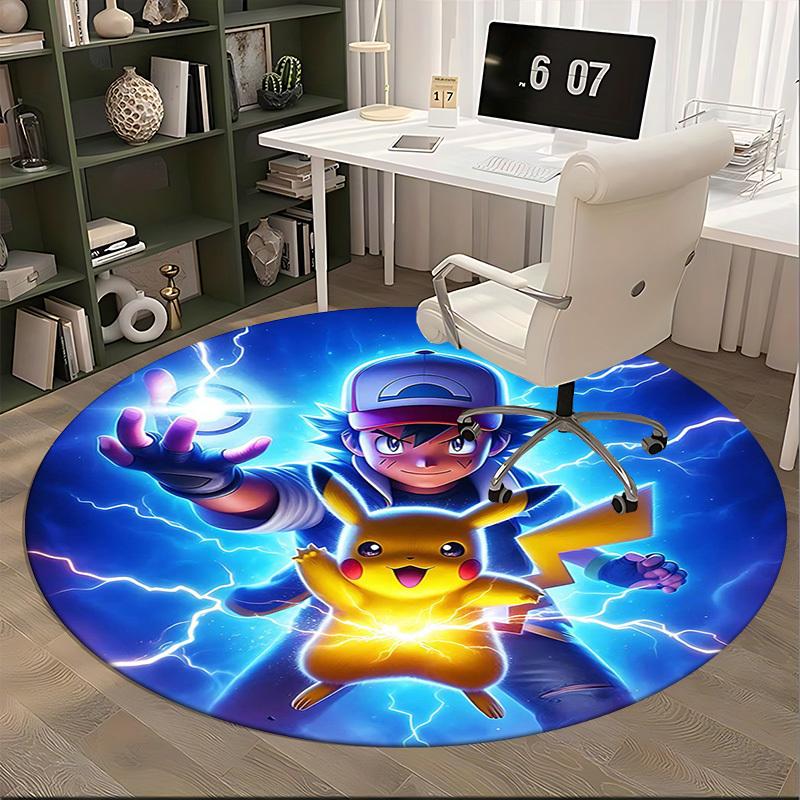 1 szt. Okrągły dywanik Pokemon Pikachu - Mata na krzesło z motywem anime do biura, wystroju domu, salonu