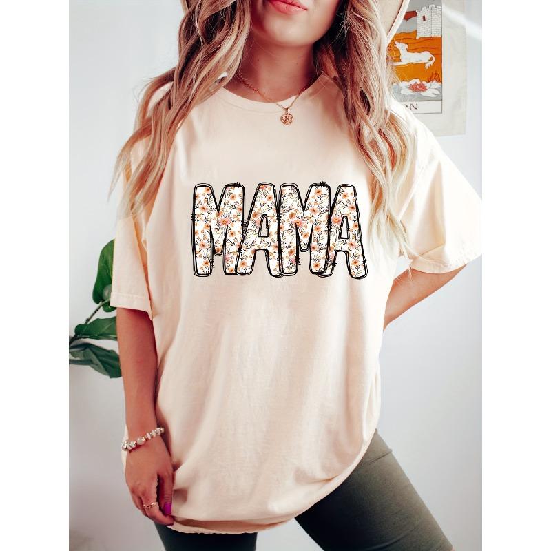 Kreatives Damen-T-Shirt mit MAMA-Buchstabendruck Bequeme Farben Rundhalsausschnitt Normale Länge Ganzjahres-Freizeit-Oberteil