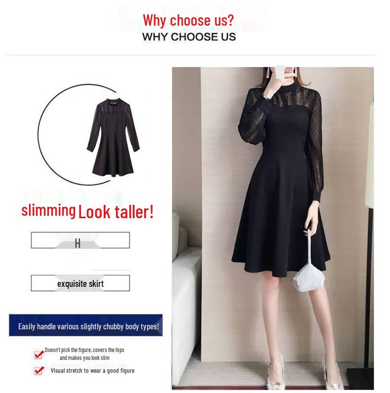 Plus Size Lace Slimming Dress - Cinched Waist, Long Sleeve, Spring & Autumn
