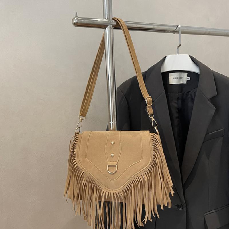 Yogodlns Lässige Koreanische Stil Quaste Umhängetasche Einfarbige PU-Leder Wildleder Handtasche Ethnischer Stil Bohème Stil Achseltaschen Reisen