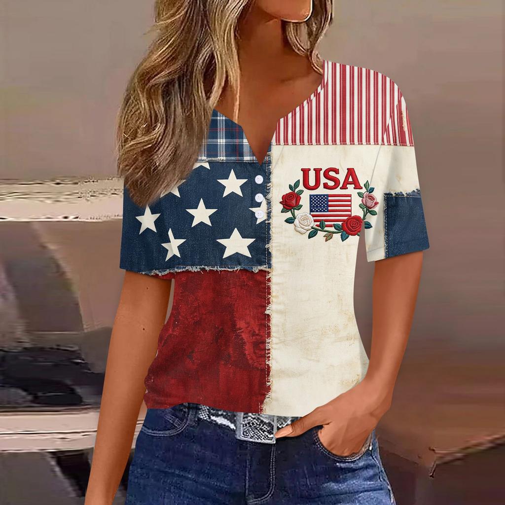 Women's Fashion Casual Independence Day Print V-Neck Short Sleeve Button-Up T-Shirt Top
