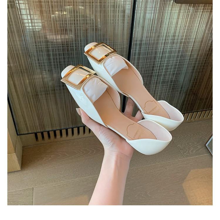 Chaohui - the same shoe commuter RV square buckle patent leather square head shallow mouth hollow flat sole single shoe women's spring metal one pedal