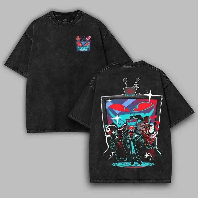 Anime Hazbin Hotel Charlie Alastor Vox Graphic Print T-shirt Men Women Vintage Washed Cotton Tee Loose Casual Oversized Tops S разноцветный