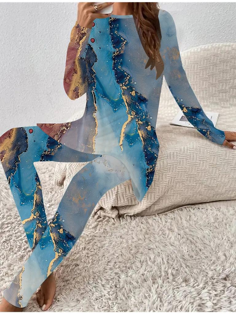 Euro-American Fashion 3D Marbling Printed Women's  Four-season Long-sleeved T-shirt + Long Pants Two-piece Set. Perfect Gift for New Year