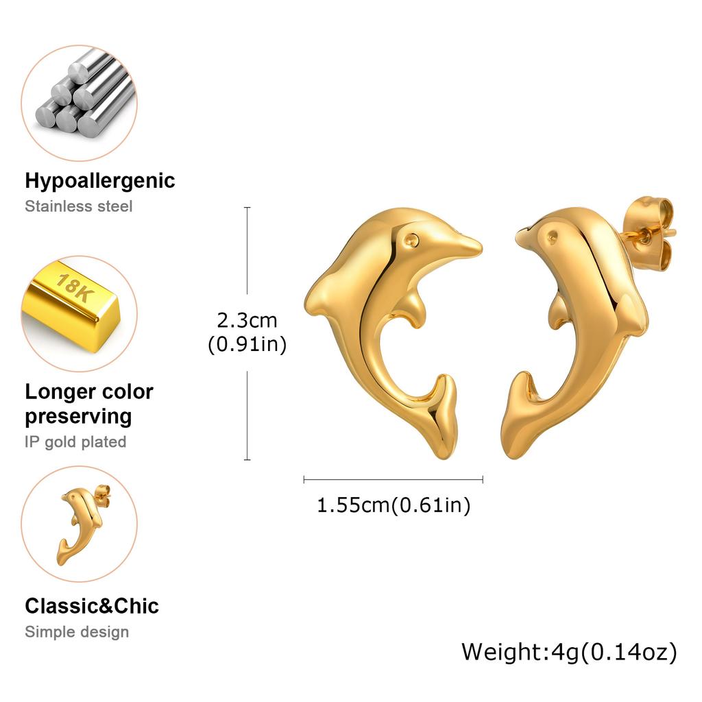 Vnox Dolphin Earrings For Women Girls,Stainless Steel Glossy Animal Element Stud Earrings,Exquisite Compact Ear Jewelry Party