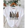 European Size Women's Short Sleeve T-Shirt with Artistic Four Horses Print - White Crew Neck, Machine Washable, All-Season Comfort,Horse Lover Gifts