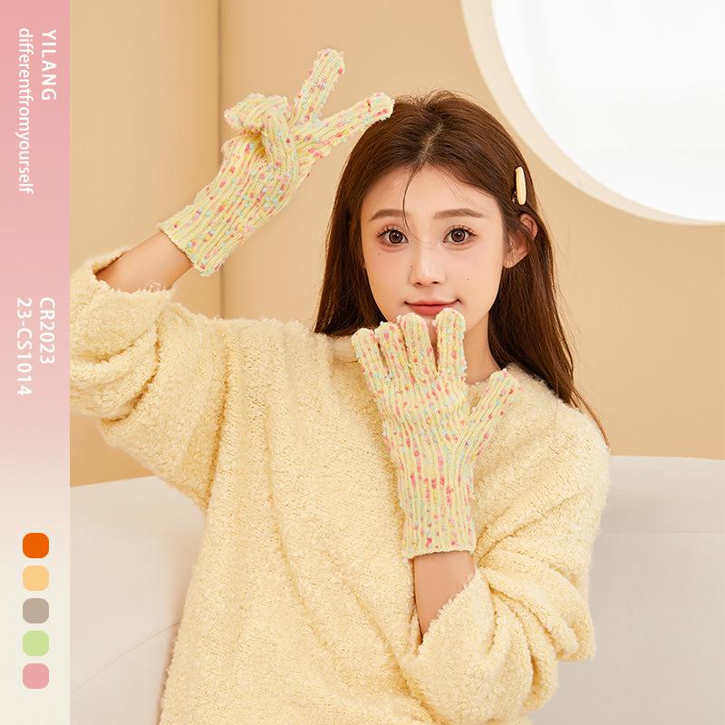 New Knitted Gloves for Women with Velvet Candy Color Warm and Cold-proof Fashion Finger Revealing Korean Gloves