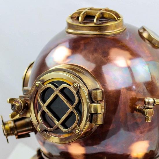 45.72 Cm  Brass Steel Diver's Helmet Nautical Scuba Diving Replica with Wooden Base Marine Decor Collectible