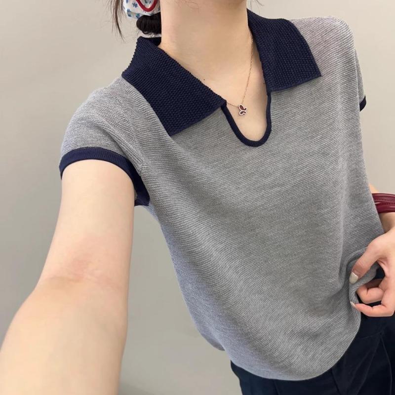 women color block polo knit top collared notched v-neck short sleeve casual lightweight sweater