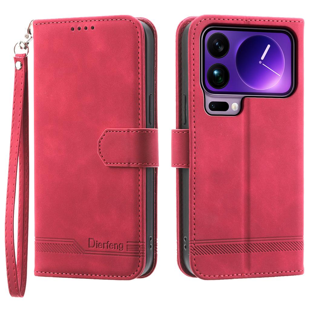 DIERFENG DF-03 For Xiaomi 17 Pro Max Case Lines Imprint Wallet Leather Phone Cover with Wrist Strap