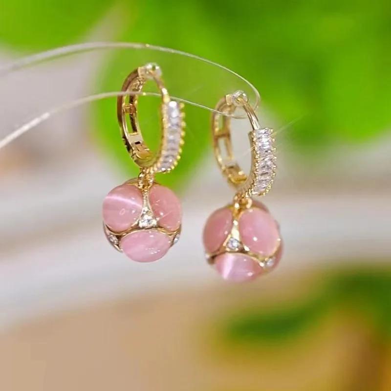 New Temperament Women's Earrings Light Luxury Drop Round Green Pink Niche Design High Sense Retro Party