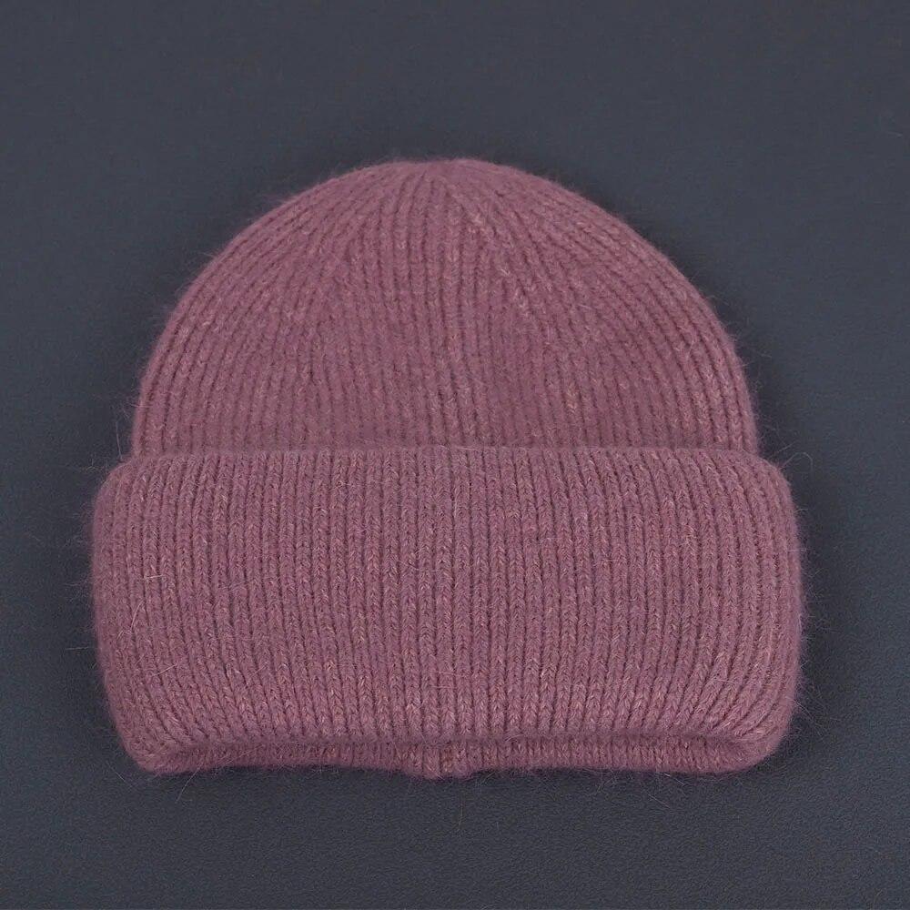 Winter Real Rabbit Fur Knitted Beanies For Women Fashion Solid Warm Cashmere Wool Skullies Beanies Female Fold Thick Hats