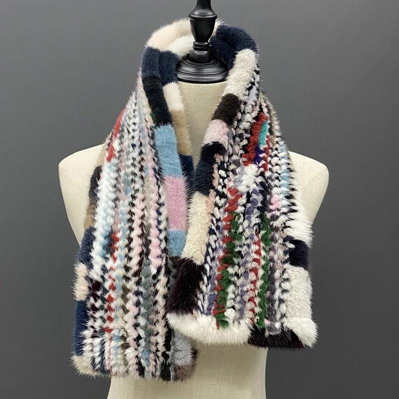 Winter Fur Long Scarf for Women Warm Knitted Natural Mink Fur Shawls Female Stylish Scarves 180x12cm