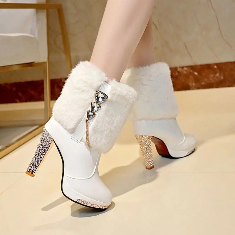 Women High Quality White Pu Leather Side Zipper High Heel Boots Botas Femininas Lady Classic Winter Warm Fur Boots Bottes G2848