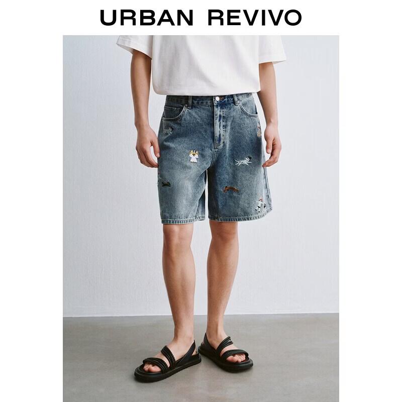 UR2026 Men s Trendy Cute Pet Embroidered Washed Denim Shorts 29