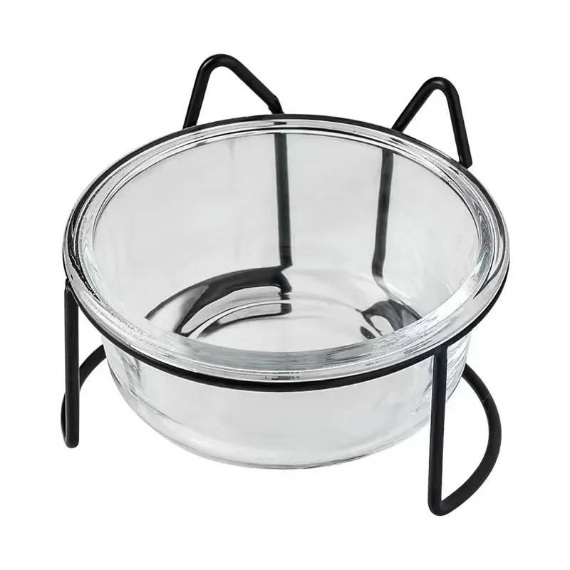 Glass Cat Dog Bowl Puppy Food Bowl With Iron Frame Gold Stand Raised Water Feeder Bowl Pet Supplies Accessories