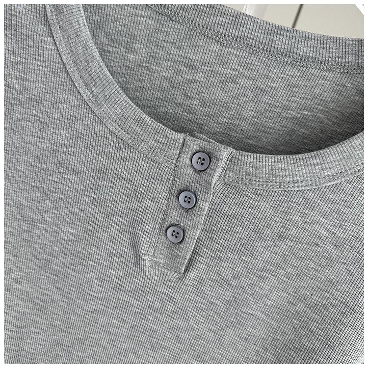 Women Modal Ribbed Button Round Neck Short Sleeve Tee Slim Base Top Spring Summer