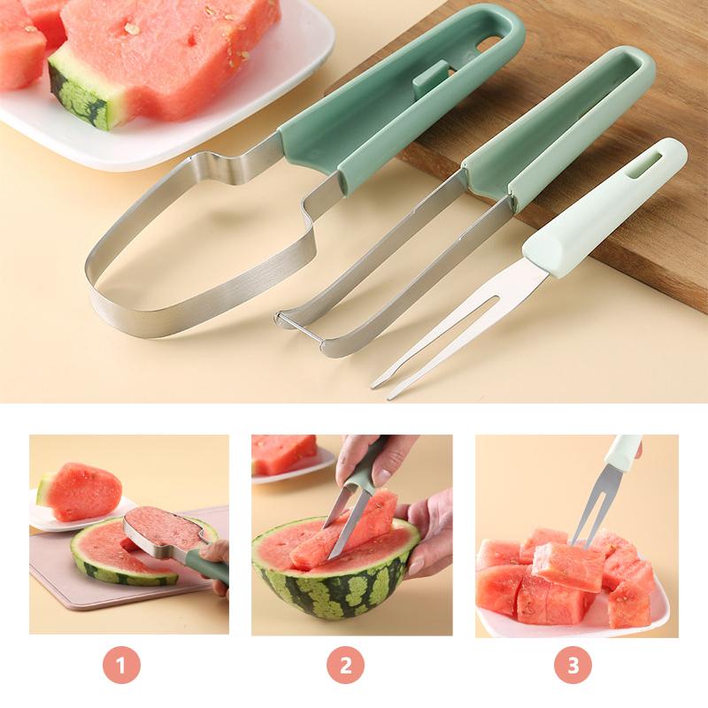 Stainless Steel 3-in-1 Watermelon Cutter Slicer Tool Water Melon Fork Popsicle Watermelon Knife Fruit Cutter Kitchen Gadgets