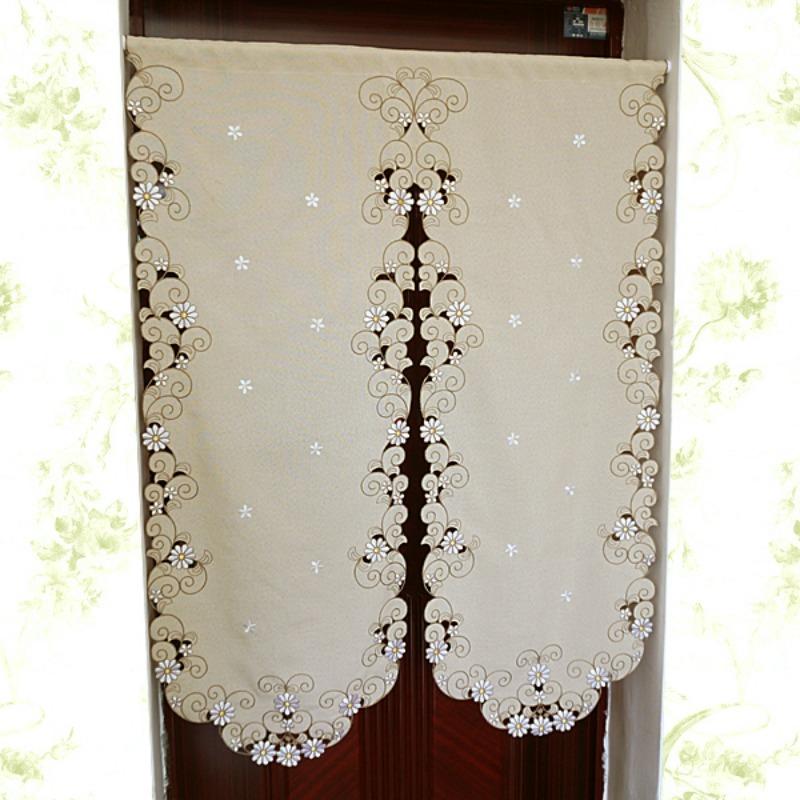 Rideau Court Kaki Clair Tissu Brodé Rideau de Porte Marguerite Rideau Élégant pour Chambre Salon Salle de Bain Cuisine, Sans Tringle, 1 pièce