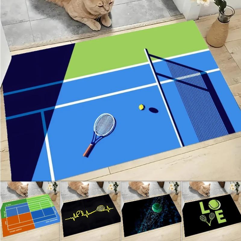 Tennis Court Net Ball Green Blue Graphic Printed Flannel Doormat Non-Slip Bathroom Kitchen Entrance Carpet Decor Floor Mat