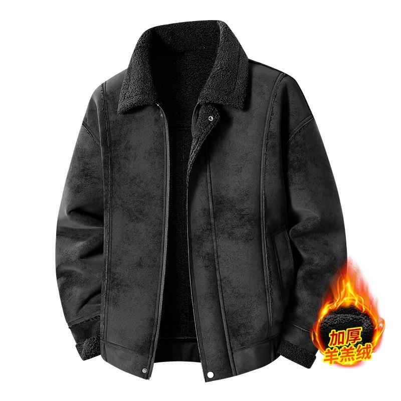 Winter Suede Men's Jacket Fleece Thickened Lapel Lamb Fleece Jacket Casual Multi-Pocket Leather Jacket