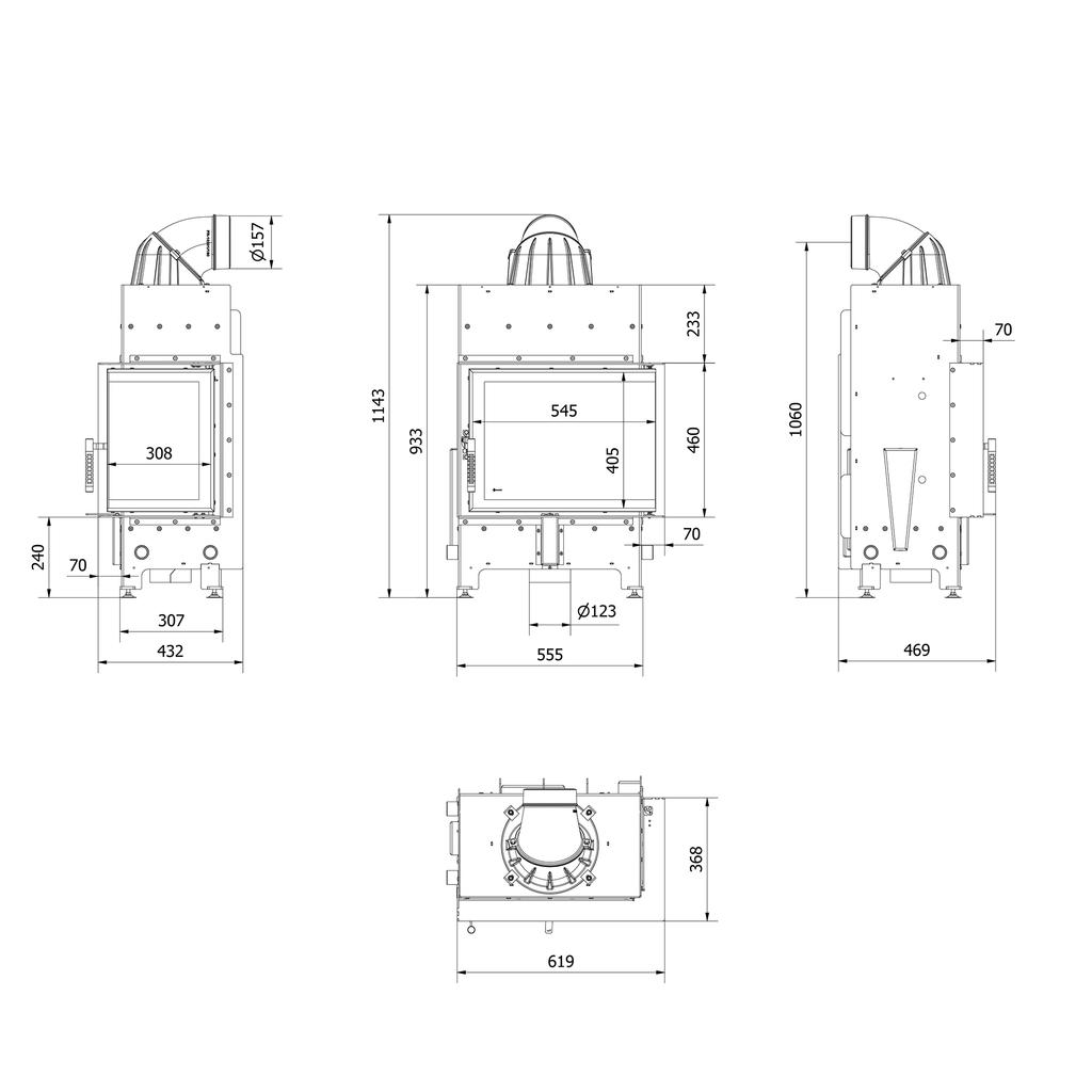 Corner insert KRATKI FLOKI 8kW Ø160 right black with closing full set