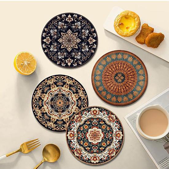 Bohemian Heat Resistant Placemats for Table Stain-Resistant Round Rubber Coasters Vintage Kitchen Dining Mats for Hot