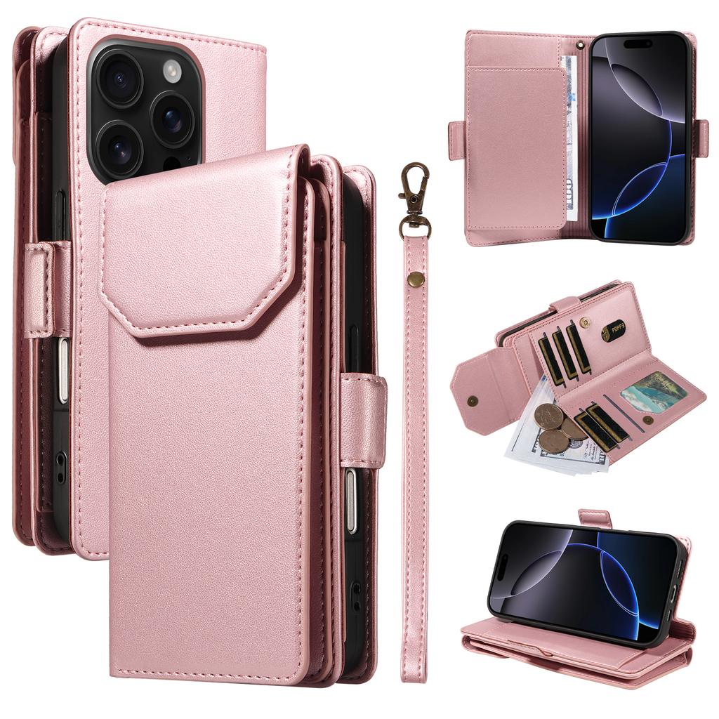 For iPhone 16 Pro Case with Multi-Card Holder and Strap PU Leather Phone Cover Stand