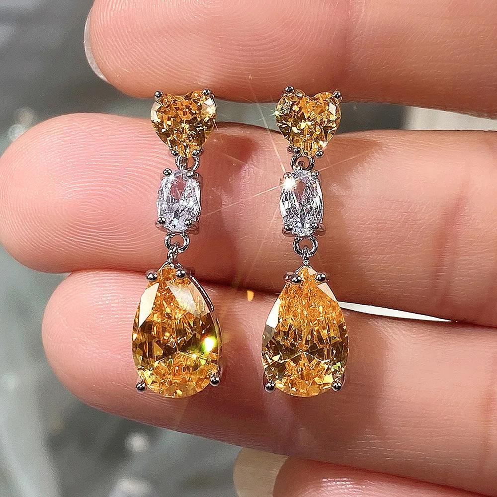 New Simple And Elegant Square Cubic Zirconia Earrings Bling Yellow Cz Dangle  Luxury Women Wedding Engagement Jewelry