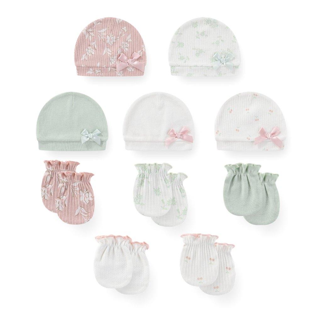 KIDDIEZOOM 0-6Months Boys Girls Hats Gloves Set 100% Cotton Soft Caps Mittens Baby Accessories
