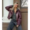Wine Red Faux Leather Jakcet Fashion Outerwear Thicken Zipper Lapel Pu Coats Autumn Winter Streetwear Ladies Tops Women
