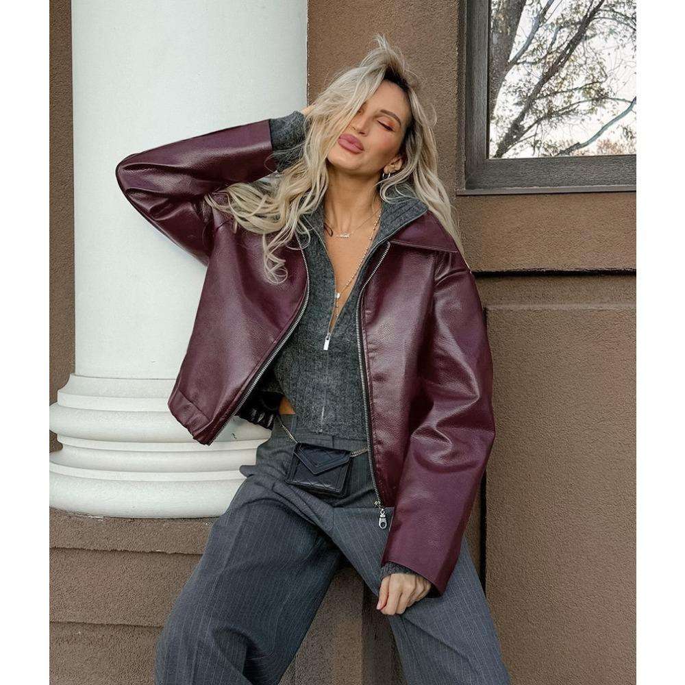 Wine Red Faux Leather Jakcet Fashion Outerwear Thicken Zipper Lapel Pu Coats Autumn Winter Streetwear Ladies Tops Women