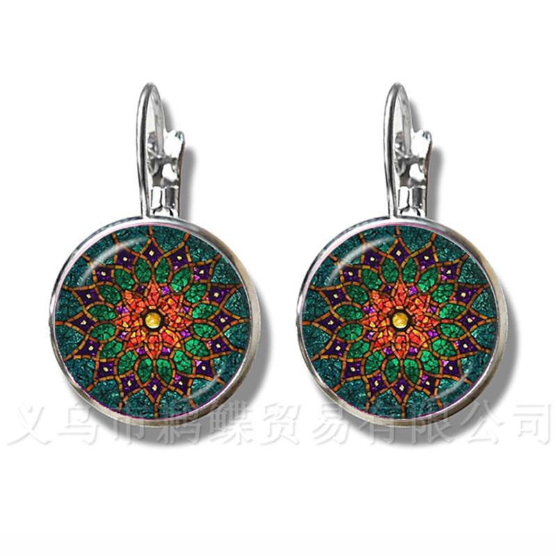 Trendy Flower Of Life Earrings Mandala Elegant And Complex Pattern 16mm Round Glass Stud Earrings For Women Cabochon Jewelry