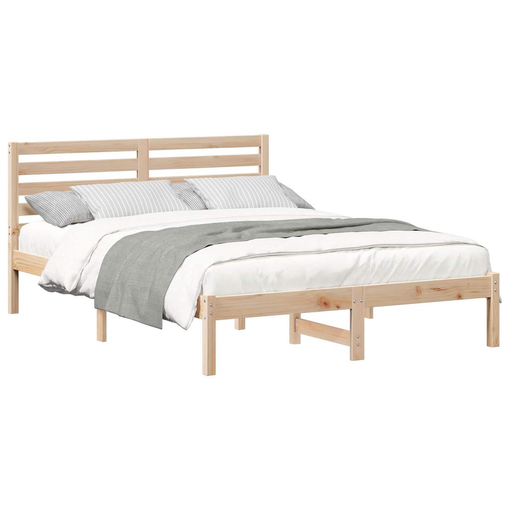 Brown Bed Frame with Headboard 140 X 190 Cm Solid Pine Wood