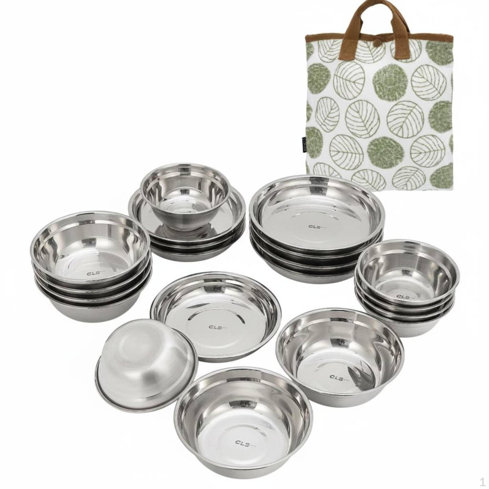 20 Pieces Stainless Steel Plates and Bowls Set Cloth Bag Camping Silver Finish