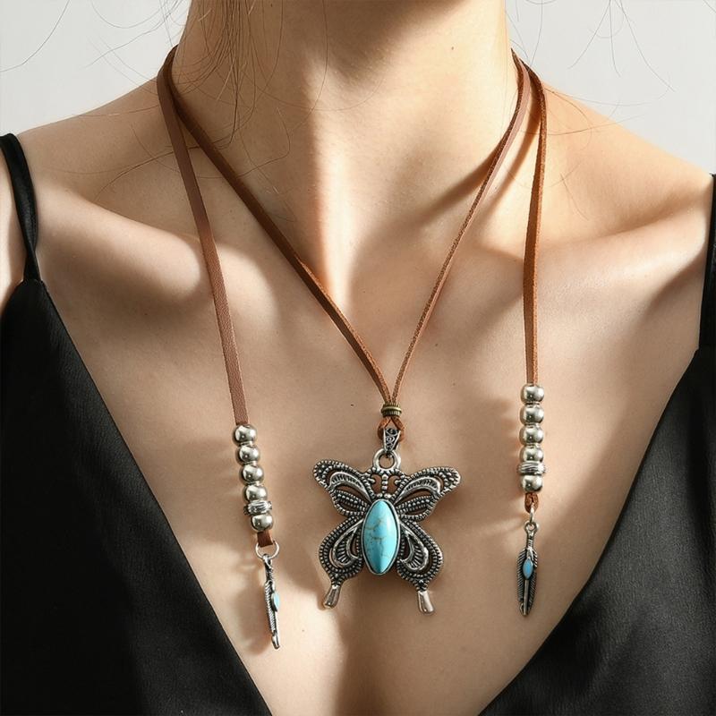 Fashionable Turquoise Butterfly Pendant Necklace Lightweight PU Alloy Neckchain Jewelry For Women Casual Wear