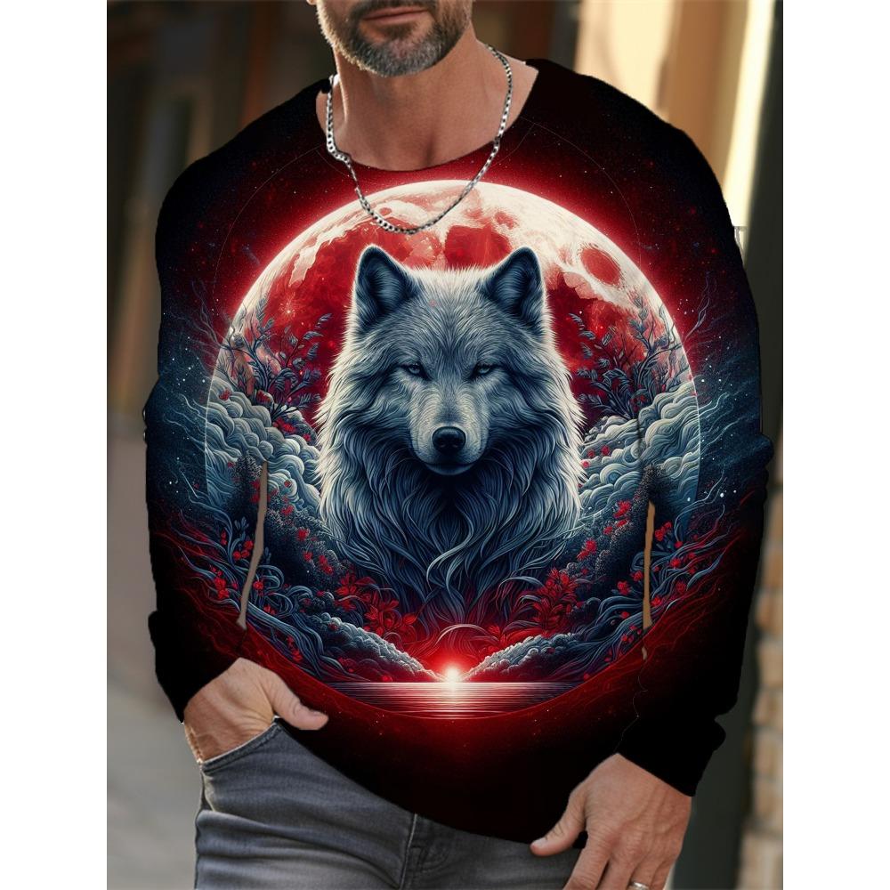 Long-sleeve 3D printed wolf pattern stylish T-shirt, men's street casual, round-neck trendy T-shirt