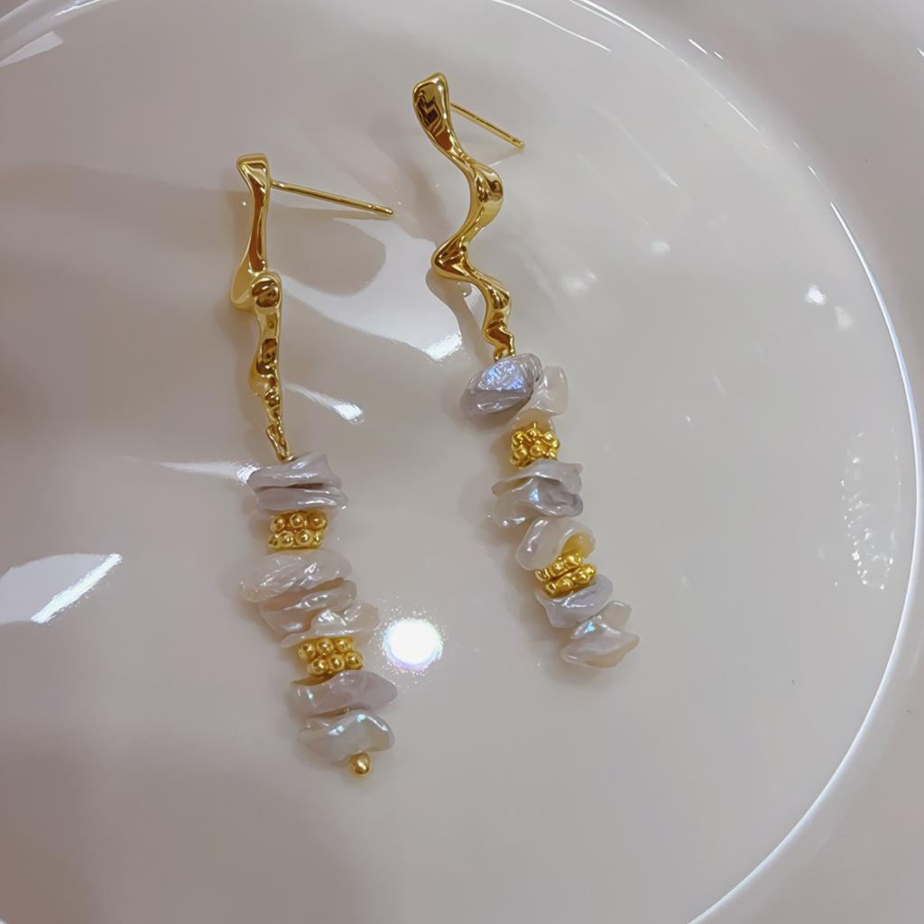 Natural Freshwater Pearl Earrings, Wild Keshi Broken Silver Stacked Earrings, Baroque Special-shaped Stud Earrings, French Silver Needles.