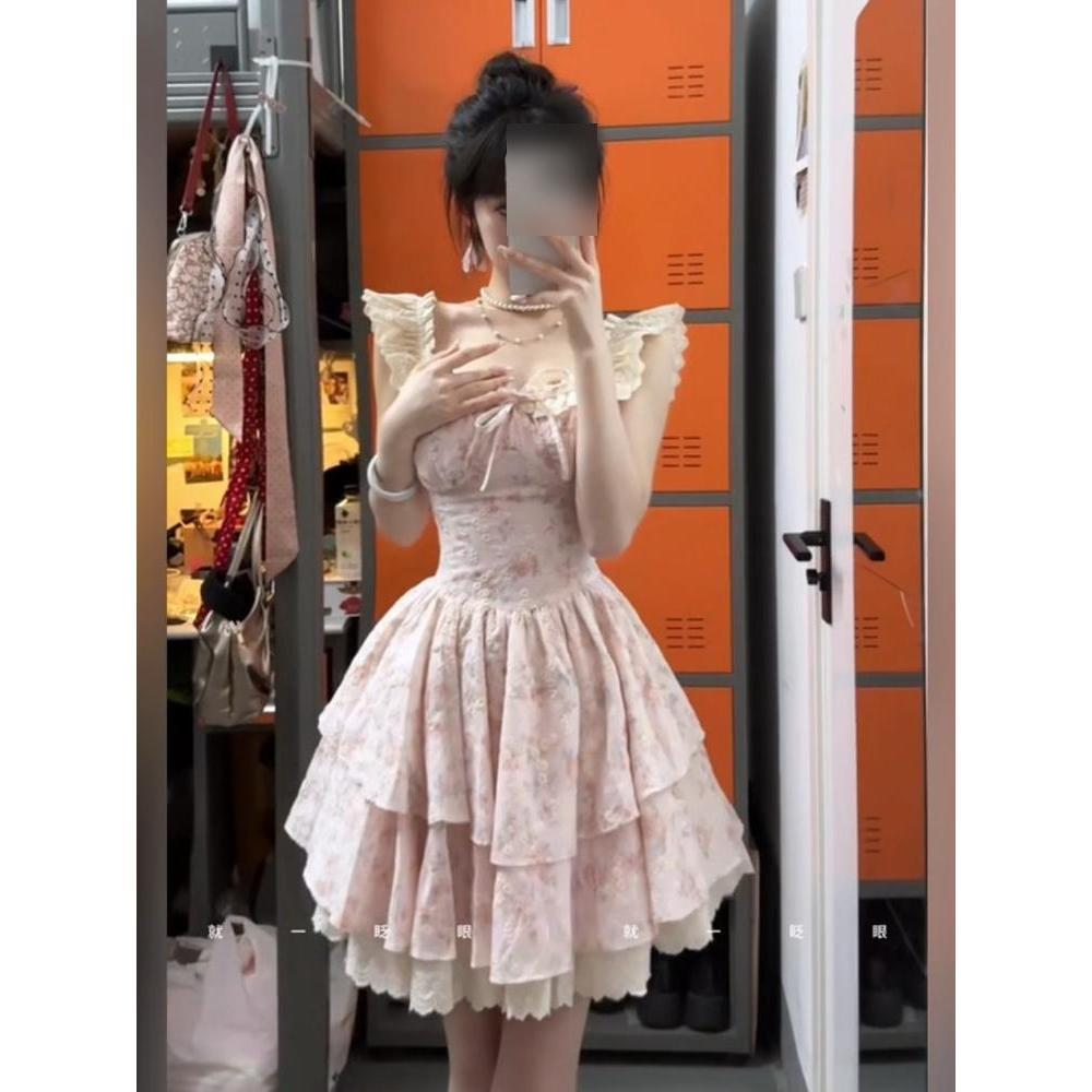 Sweet Spice Girl Gentle Wind Floral Dress Women's Summer Beauty Small Princess Cake Dress Waist Fluffy Dress