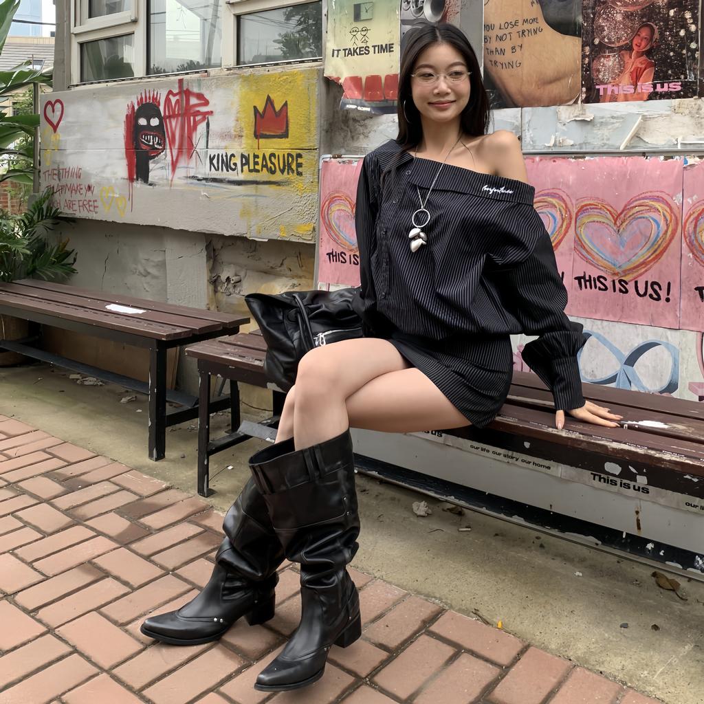 Autumn Spice Girls But Knee Boots Big Boots Women Pointed Thick Heels Skinny Pile Boots Women