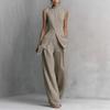 2026 European and American Amazon Cross-border Independent Site Draped Cotton-Linen Shirt Solid Color Fashionable Elegant Sleeveless Long Pants Set