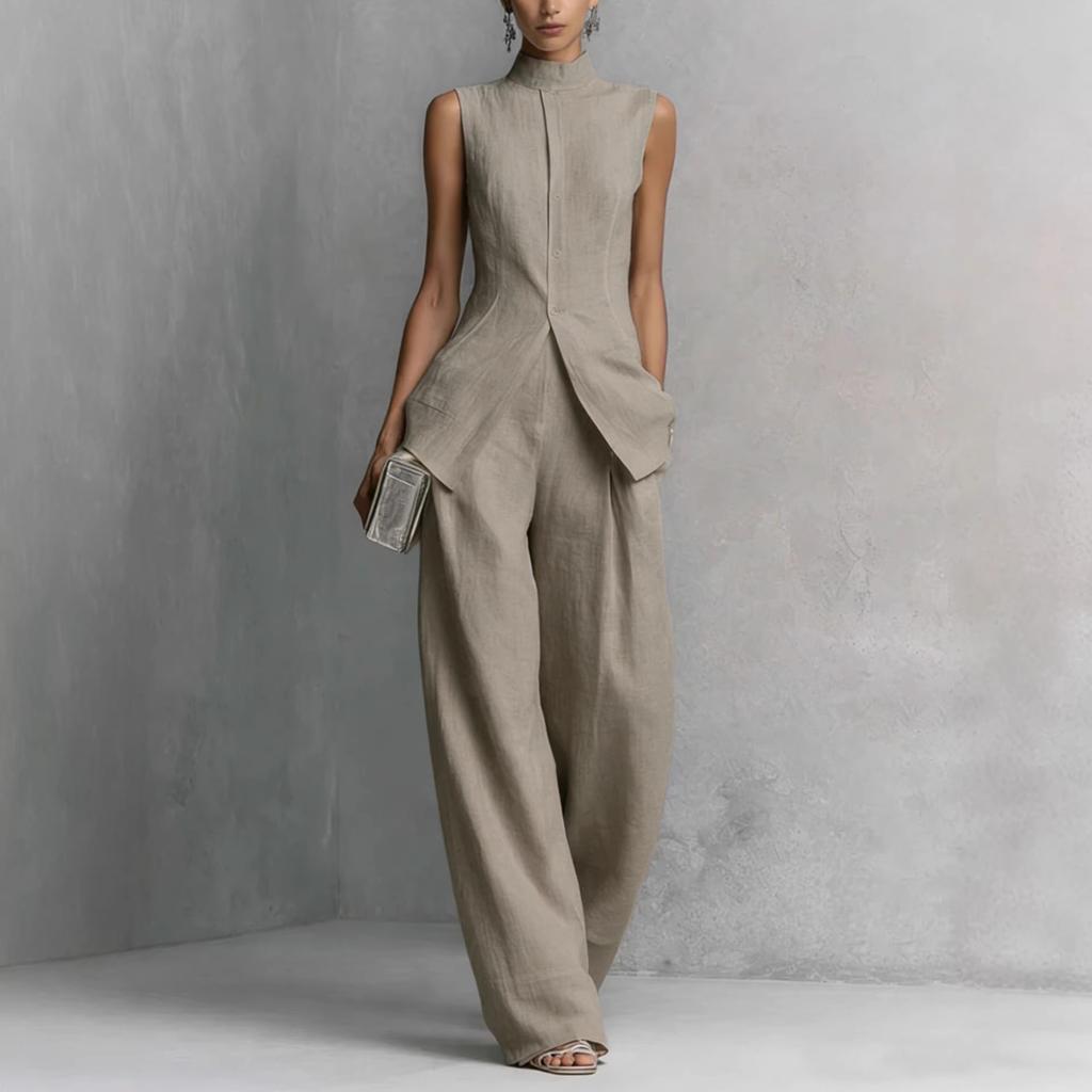 2026 European and American Amazon Cross-border Independent Site Draped Cotton-Linen Shirt Solid Color Fashionable Elegant Sleeveless Long Pants Set